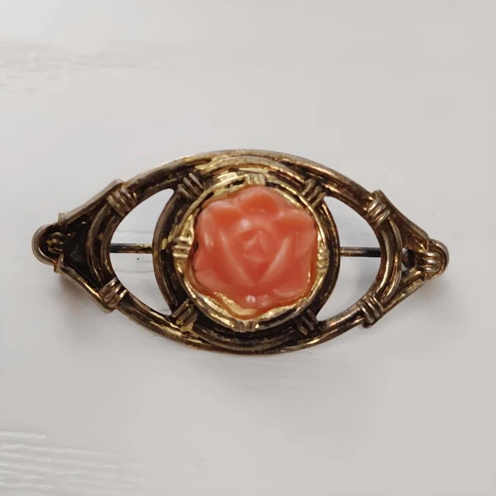 Vintage 1930's Sterling Silver Gold Vermeil Celluloid Coral Rose Brooch Pin